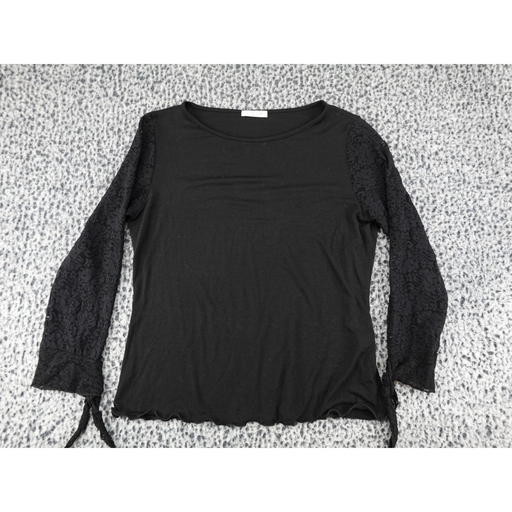 Coin Lace Sleeve Top Womens XL Black Good Tie Cuff Lettuce Hem Scoop Neck